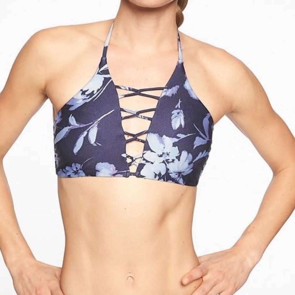 NWOT ATHLETA Aqualuxe Print Loop Bikini Top Floral Size M Strappy Swim Blue